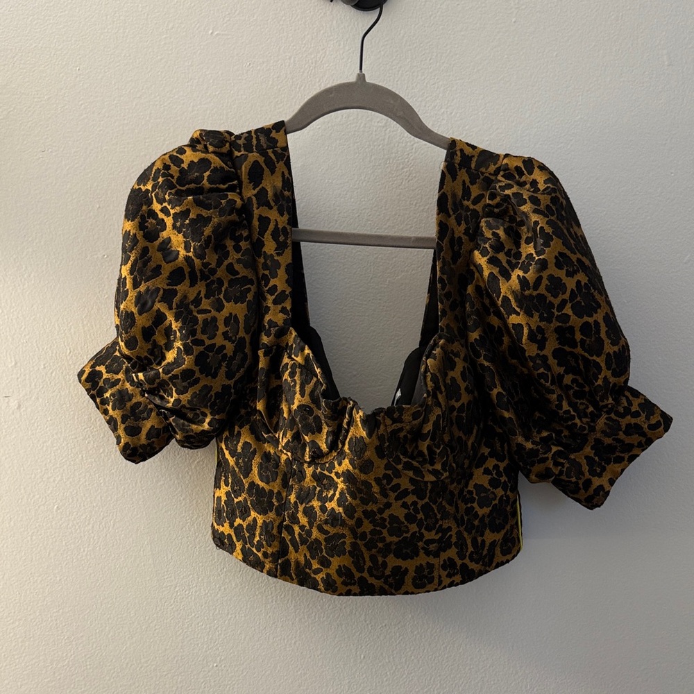 For Love And Lemons Jacquard Leopard Puff Sleeve Blouse